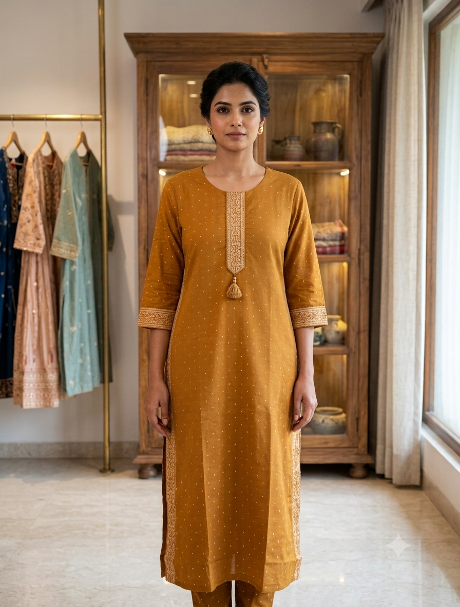 Mustard yellow embroidered straight cotton kurti for women