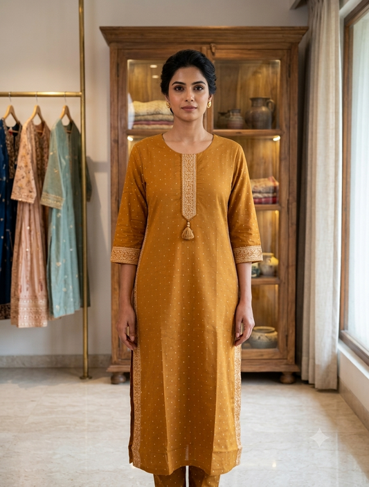 Mustard yellow embroidered straight cotton kurti for women