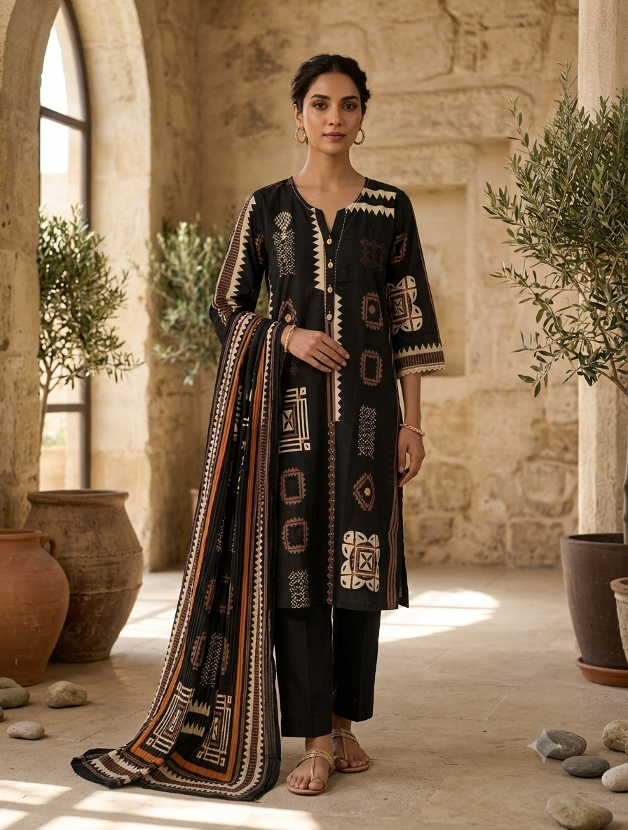 Black Cotton Printed Kurti Set for Women with Dupatta | Geometric Ethnic Straight Suit Set