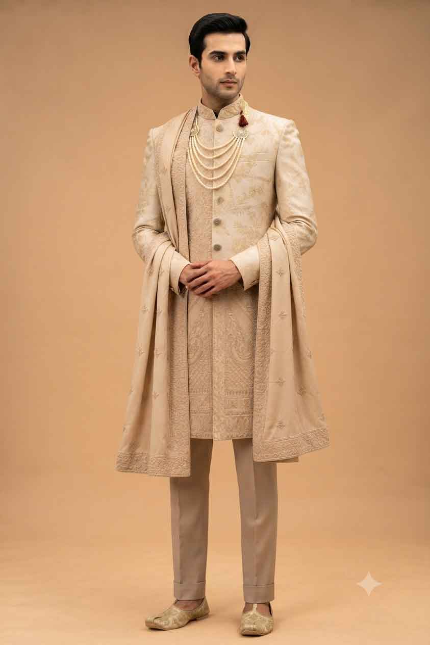Royal Beige Gold sherwani for men – product view 1