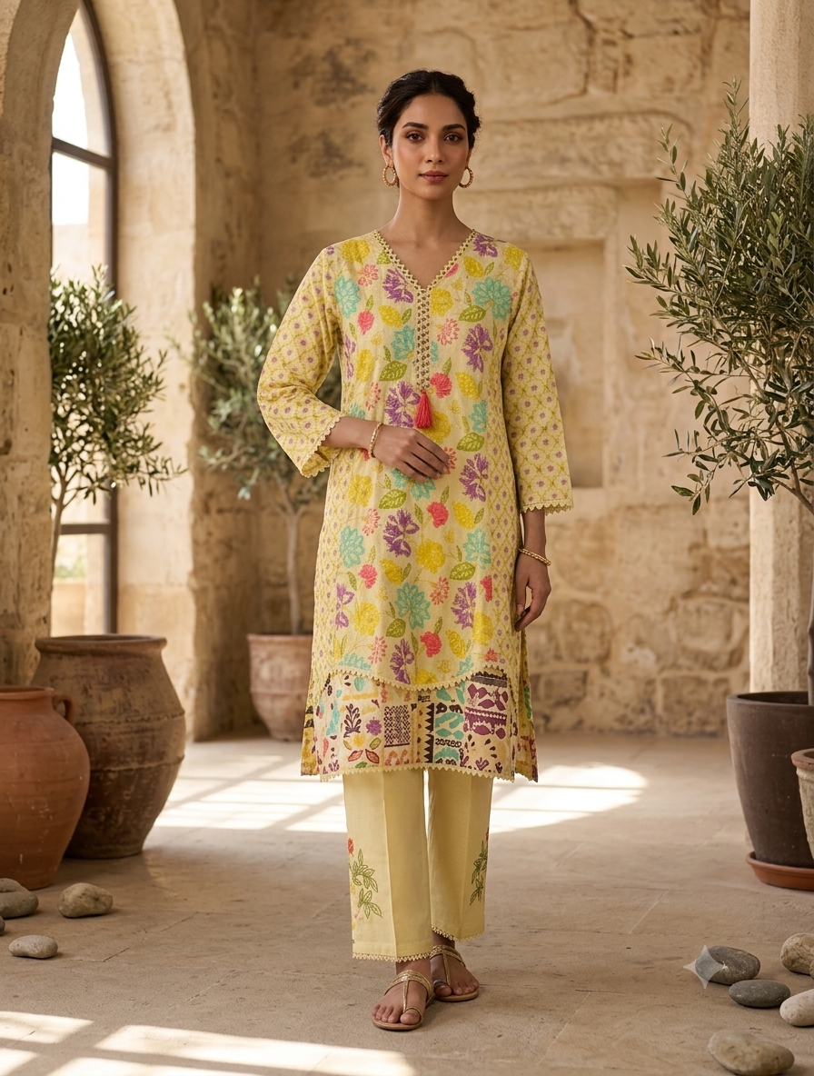 Pastel Yellow Floral Printed Cotton Kurti Set for Women | Designer Ethnic Suit Set
