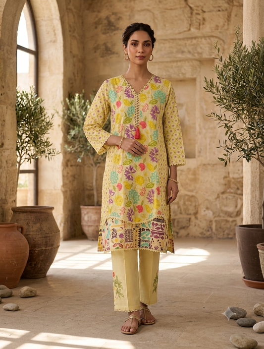 Pastel yellow floral printed cotton kurti set for women