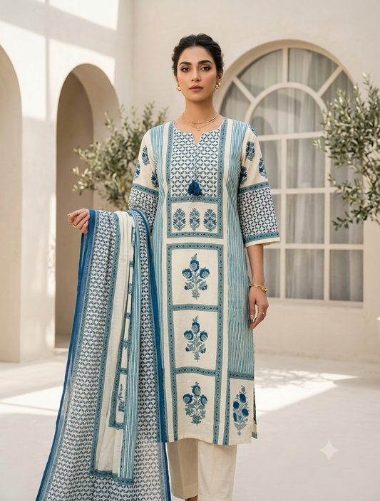 Teal blue printed cotton kurti set for women with dupatta