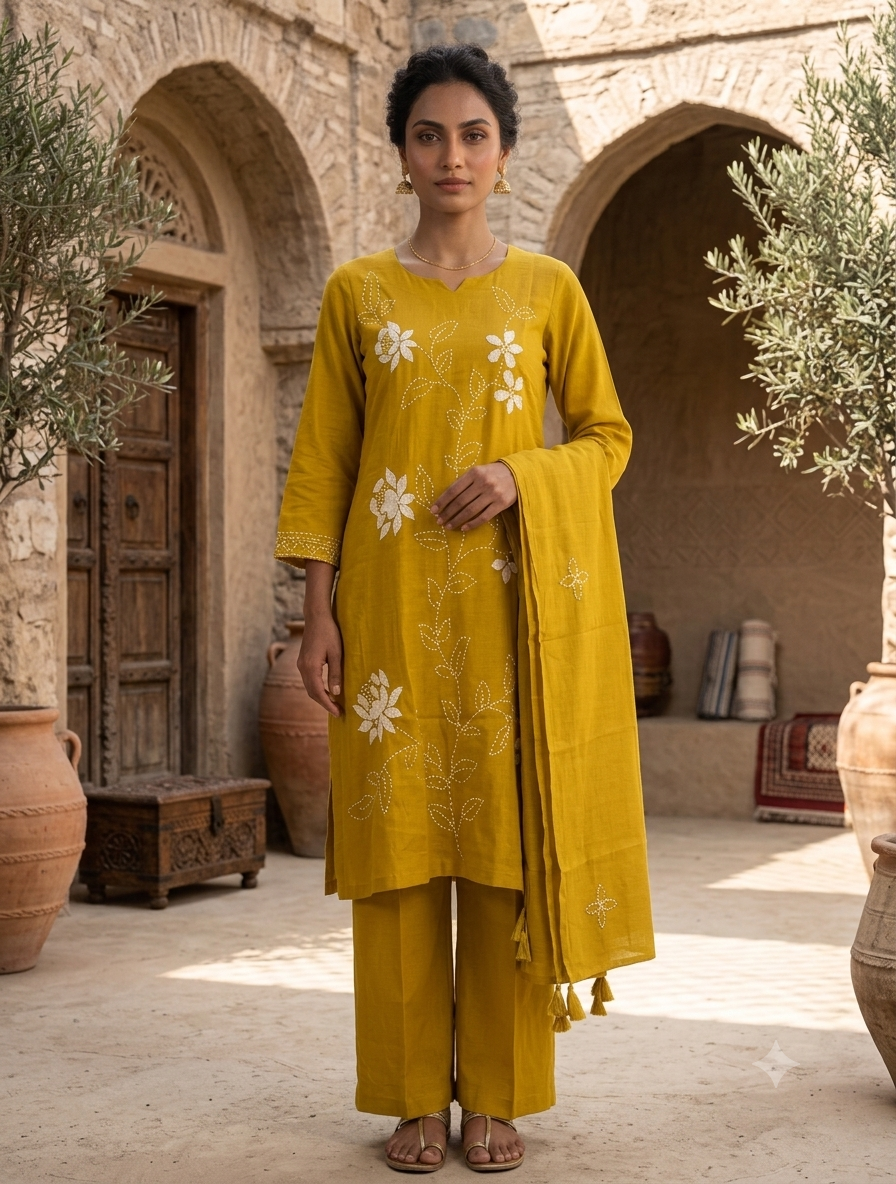Mustard Yellow Cotton Kurti Set for Women with Dupatta | Floral Embroidered Ethnic Suit Set