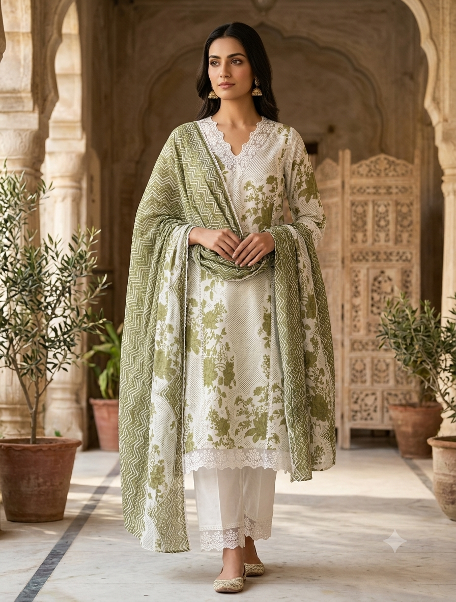 Olive Green & White Cotton Kurti Set for Women with Dupatta | Floral Printed Ethnic Suit Set