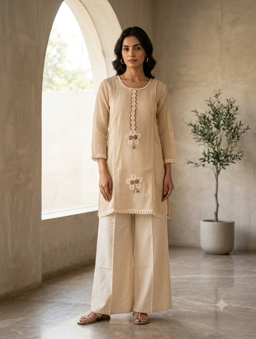 Cream Cotton Kurti for Women | Elegant Embroidered Straight Kurti with Palazzo
