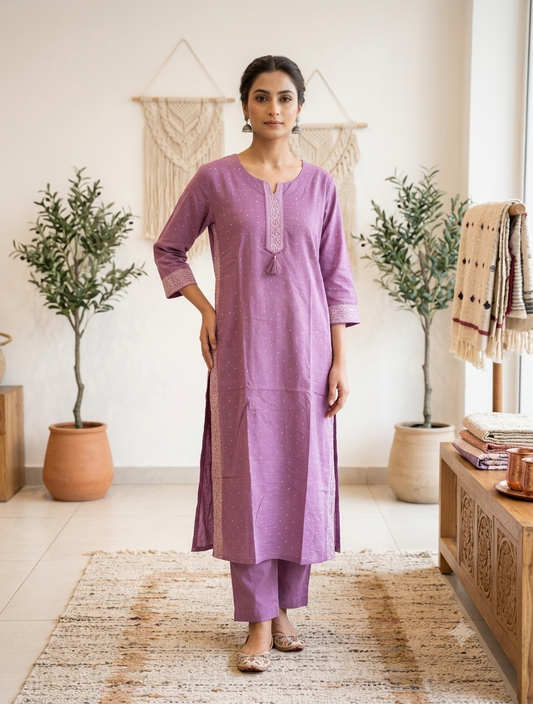 Lavender straight embroidered cotton kurti for women