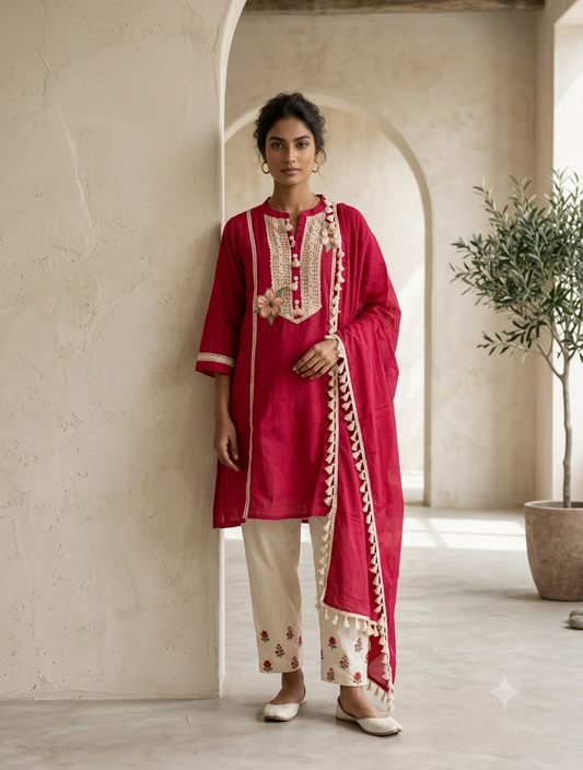 Rani pink embroidered cotton straight suit set with dupatta