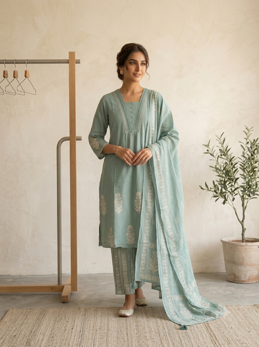 Aqua Cotton Kurti Set with Dupatta for Women | Elegant Straight Fit Ethnic Wear