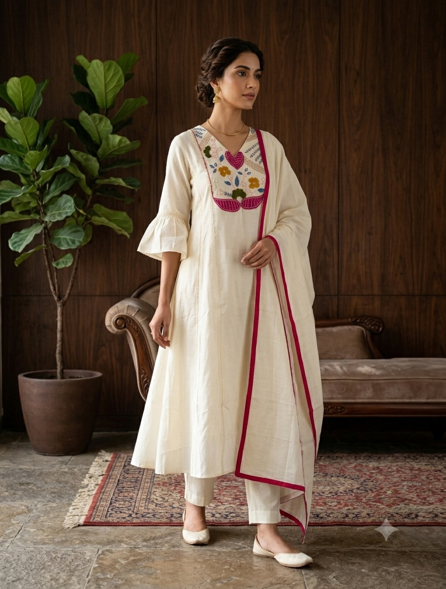 Off White Cotton Embroidered Kurti Set for Women with Dupatta | Floral Ethnic Straight Suit Set