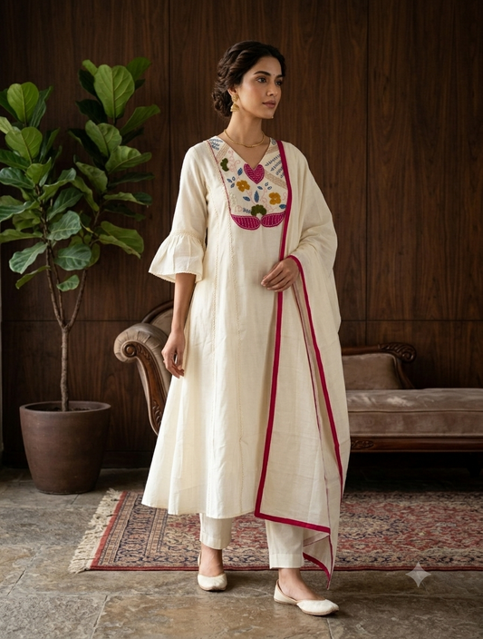 Off white floral cotton kurti set for women with dupatta