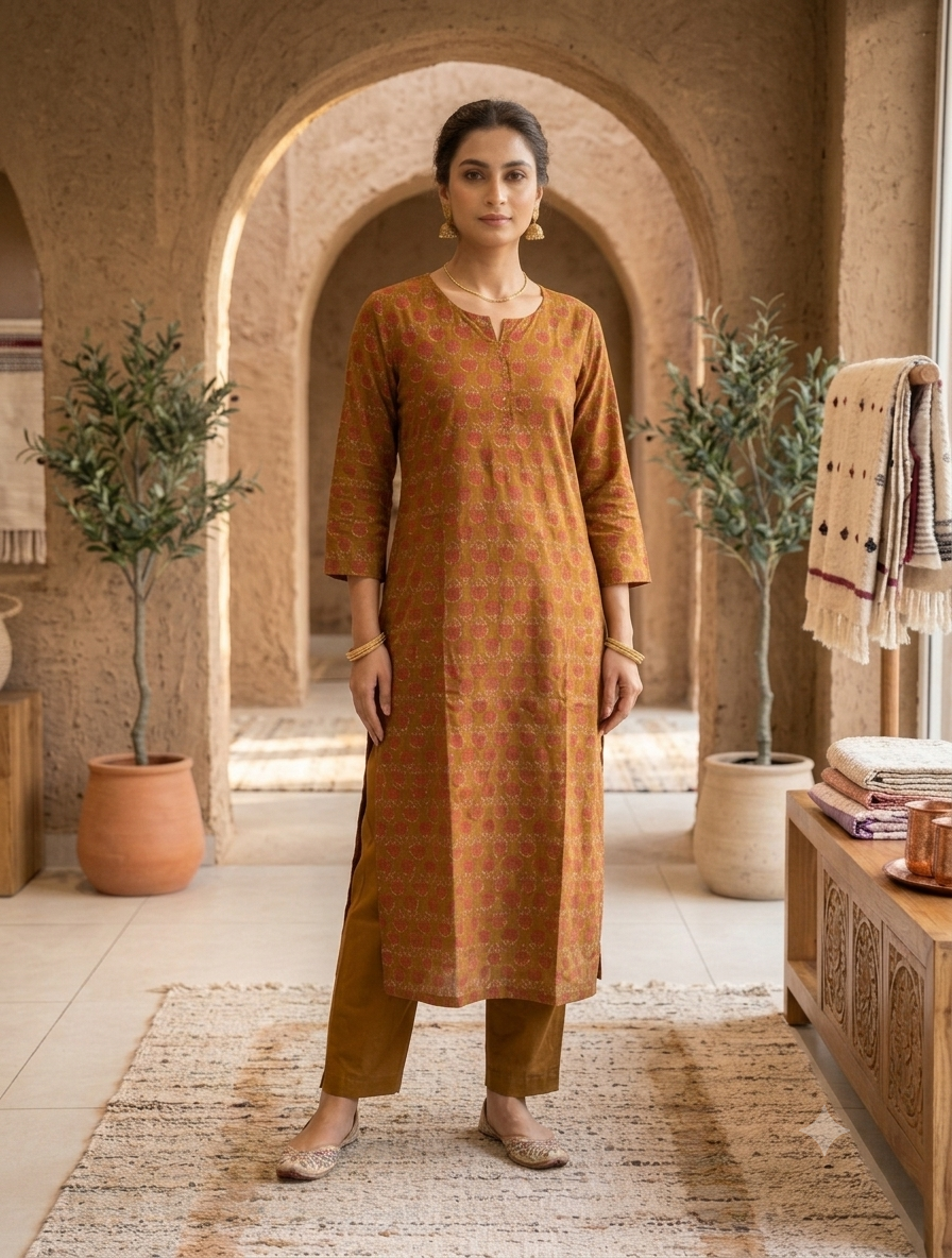 Olive brown printed straight cotton kurti for women