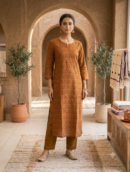 Olive Brown Printed Straight Cotton Kurti for Women | Elegant Everyday & Office Wear Kurta