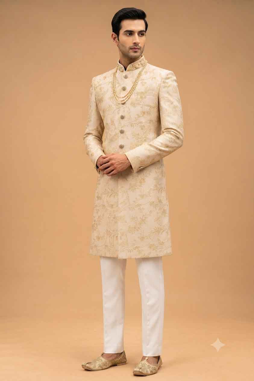 Cream floral sherwani set for men – product image 1