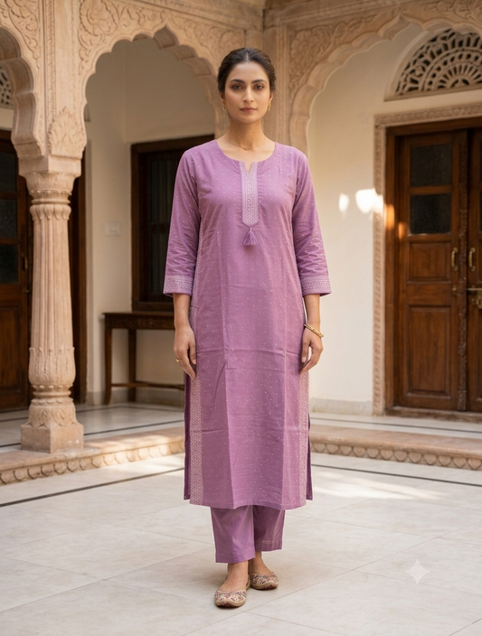 Purple straight embroidered cotton kurti for women
