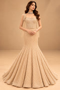 Premium Champagne Gold Pearl Embellished Mermaid Gown with Floral Bodice and Beaded Tassel Detailing – product image 1