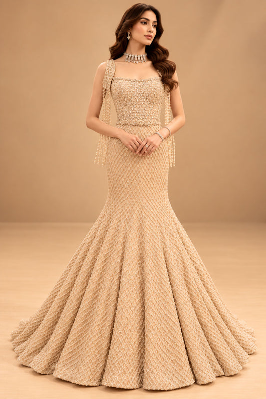 Premium Champagne Gold Pearl Embellished Mermaid Gown with Floral Bodice and Beaded Tassel Detailing – product image 1