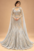 Luxury Silver Grey Mermaid Bridal Lehenga with Gold Embroidery, Designer Full-Sleeve Blouse and Flowing Dupatta