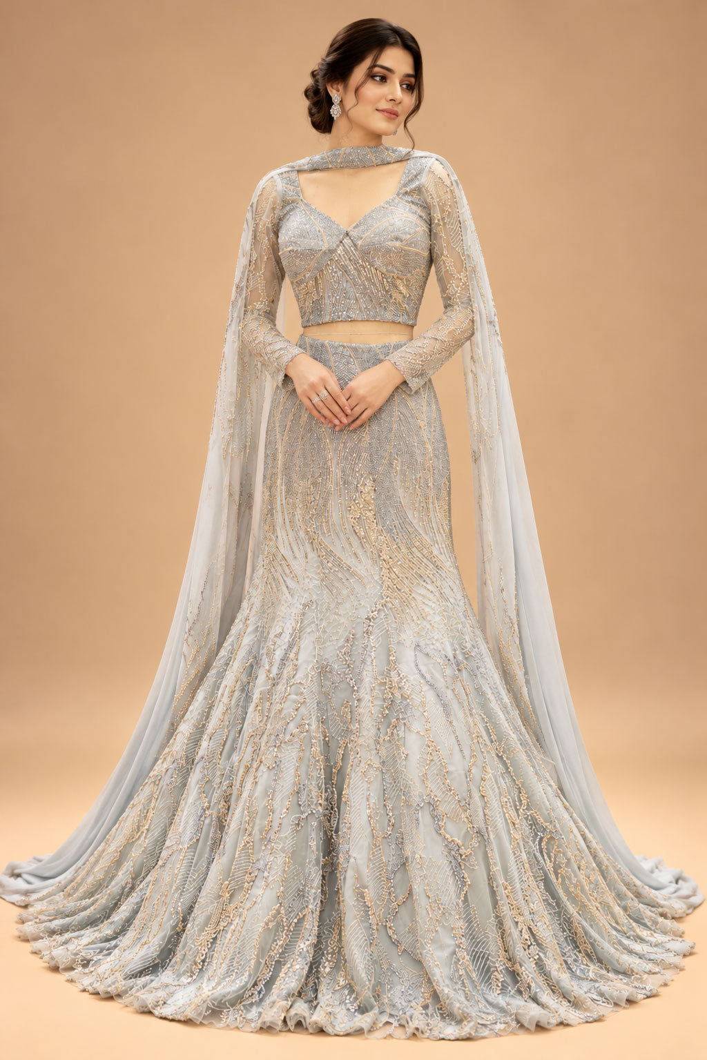 Luxury Silver Grey Mermaid Bridal Lehenga with Gold Embroidery, Designer Full-Sleeve Blouse and Flowing Dupatta