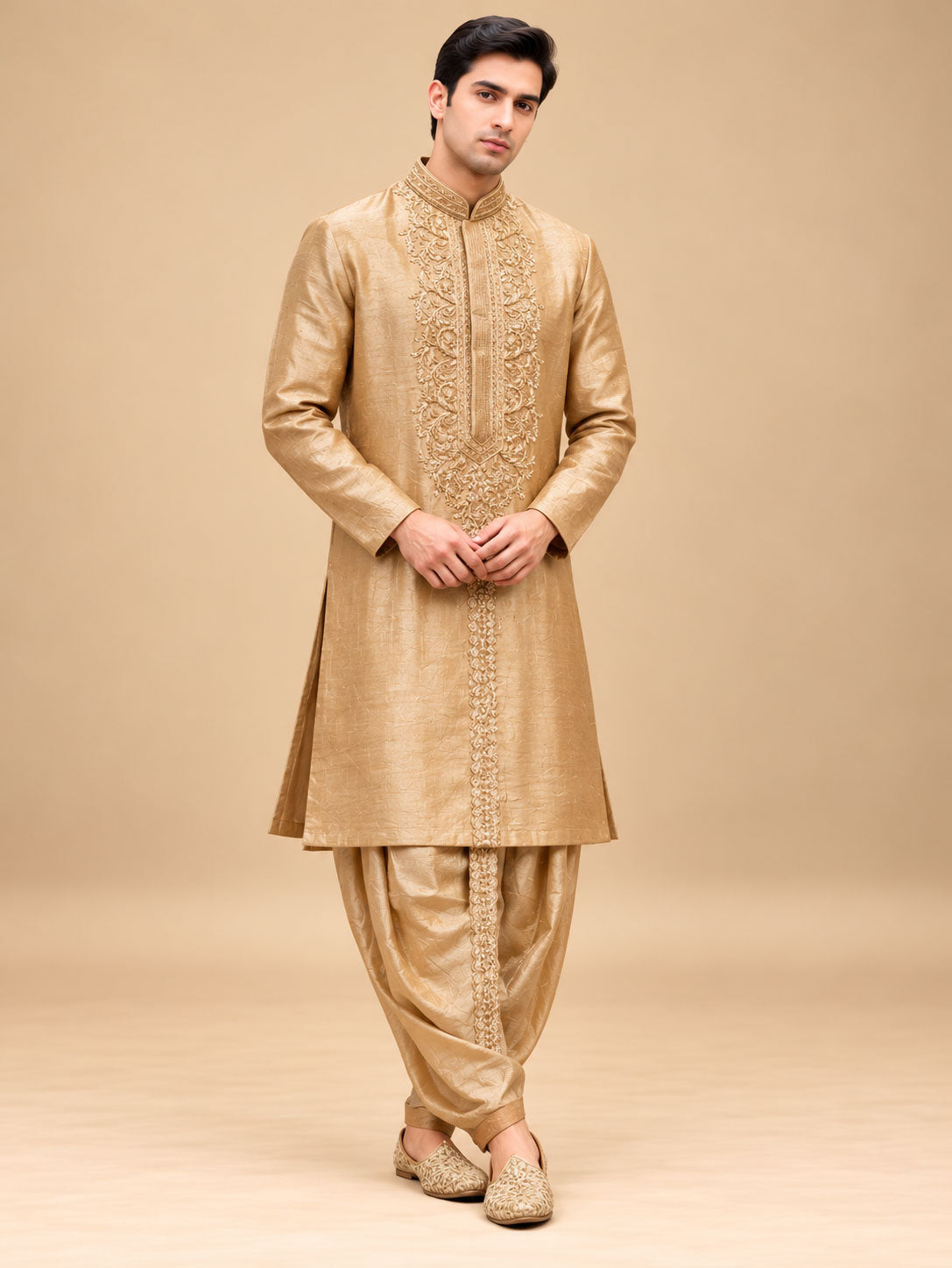 Premium Golden Beige Embroidered Kurta with Dhoti Pants for Men – product view 1