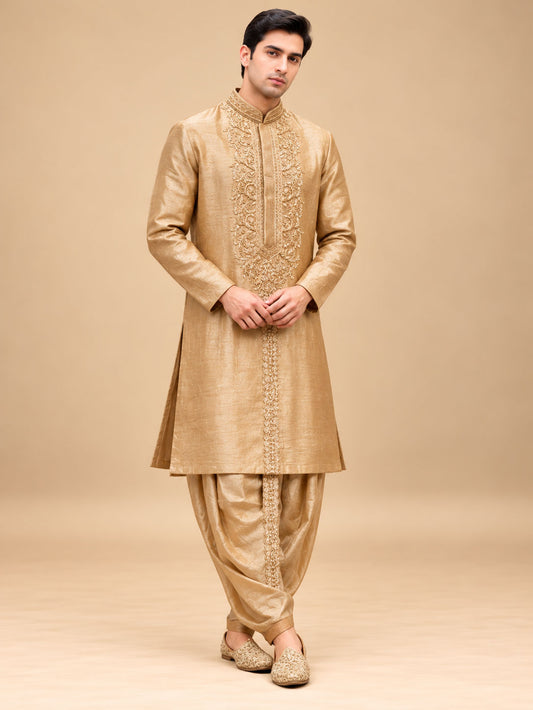 Premium Golden Beige Embroidered Kurta with Dhoti Pants for Men – product view 1