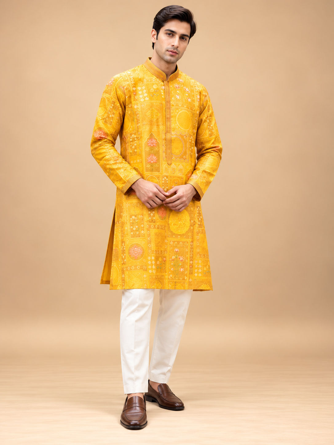 Men’s Mustard Yellow Printed Kurta Pant Set with Traditional Ethnic Motifs – product view 1