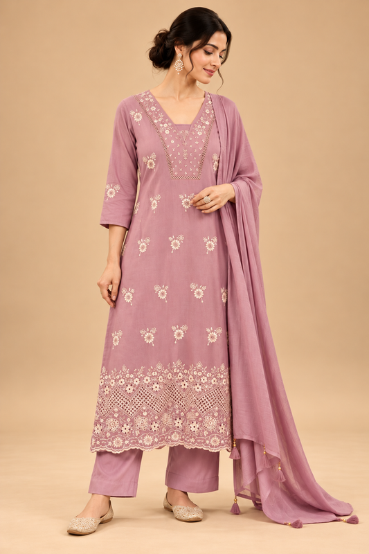 Elegant Dusty Mauve Pink Embroidered Straight Kurta Set with Palazzo Pants and Dupatta for Women