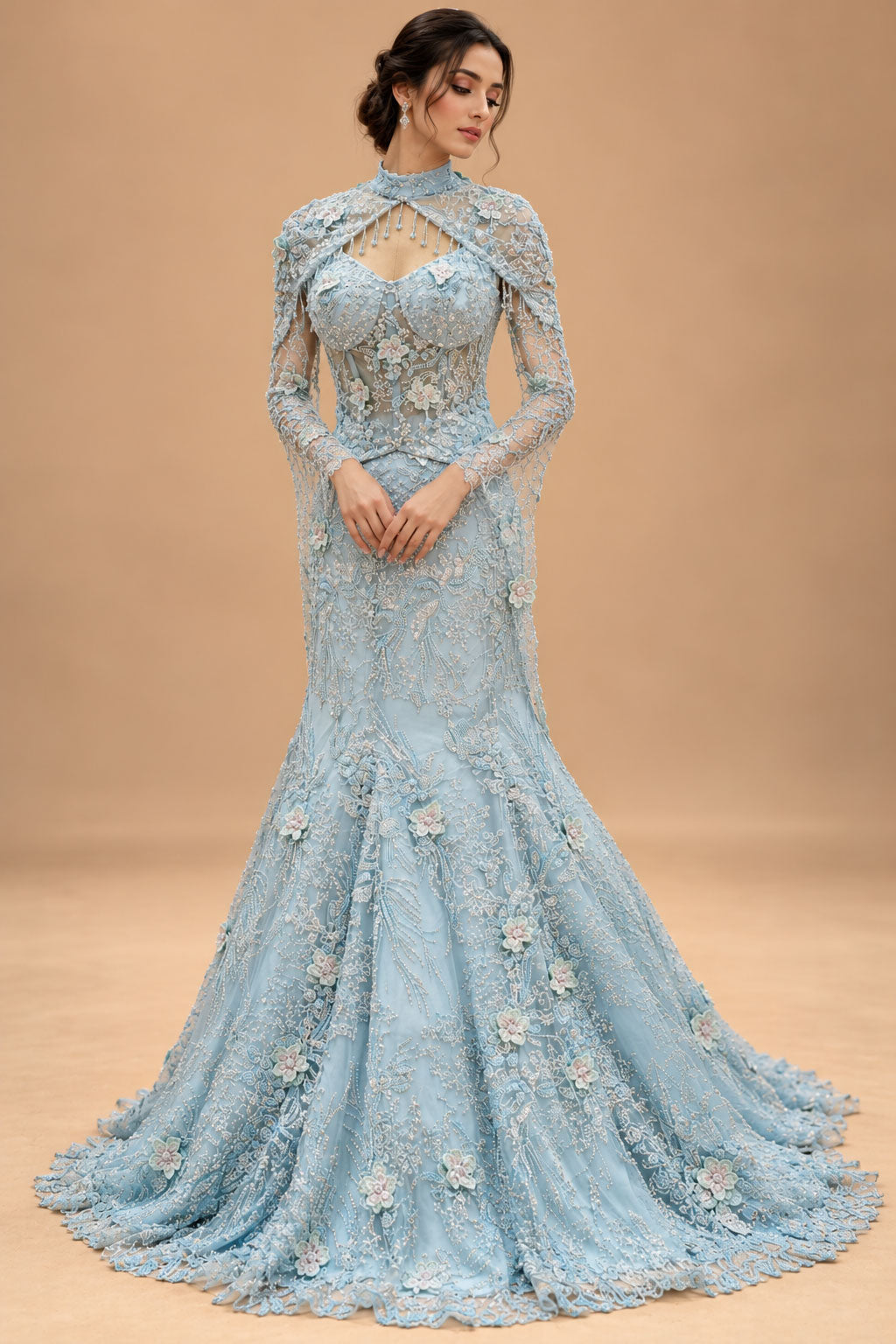 Premium Ice Blue Floral Embroidered Mermaid Gown with Sheer Cape for Women – product view 1