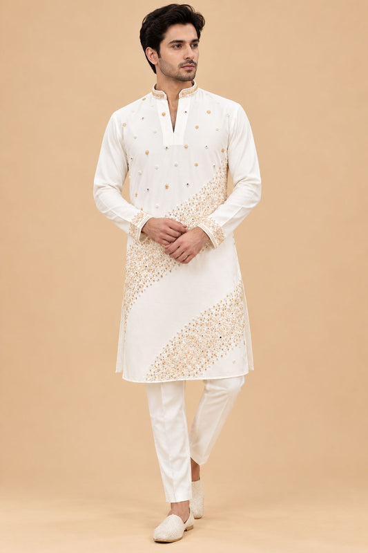 Ivory White and Gold Embroidered Men's Kurta Pant Set with Diagonal Floral Detailing