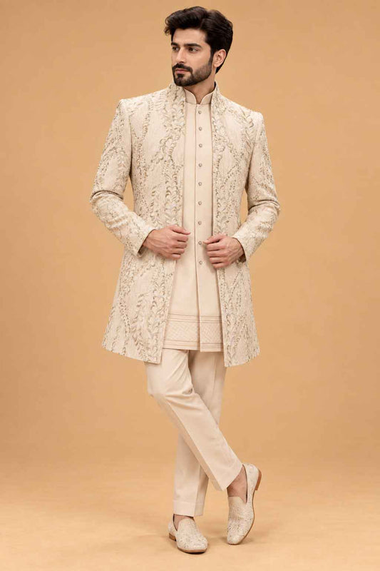 Ivory Floral Embroidered Sherwani Set for Men – full product view