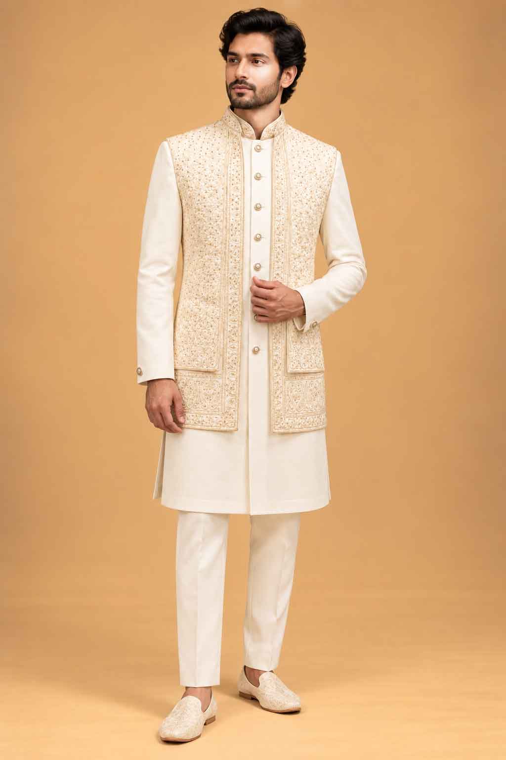 Ivory and Gold nehru jacket set for men – product view 1