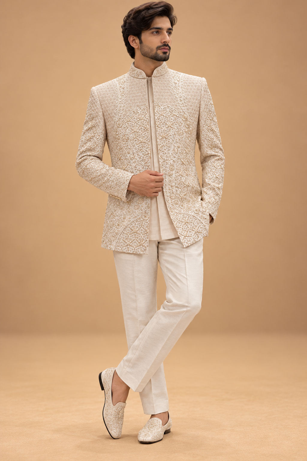 Ivory & Gold Embroidered Indo-Western Sherwani Set for Men with Kurta & Trousers – product view 1