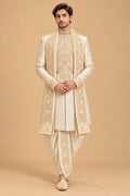 Men’s Royal Ivory and Gold Embroidered Sherwani Set with Dupatta and Dhoti Pants
