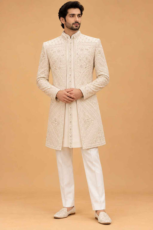 Ivory Embroidered Sherwani Set for Men – full product view