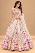 Luxury Ivory Bridal Lehenga with Multicolor Floral Embroidery and Mirror-Style Embellishments