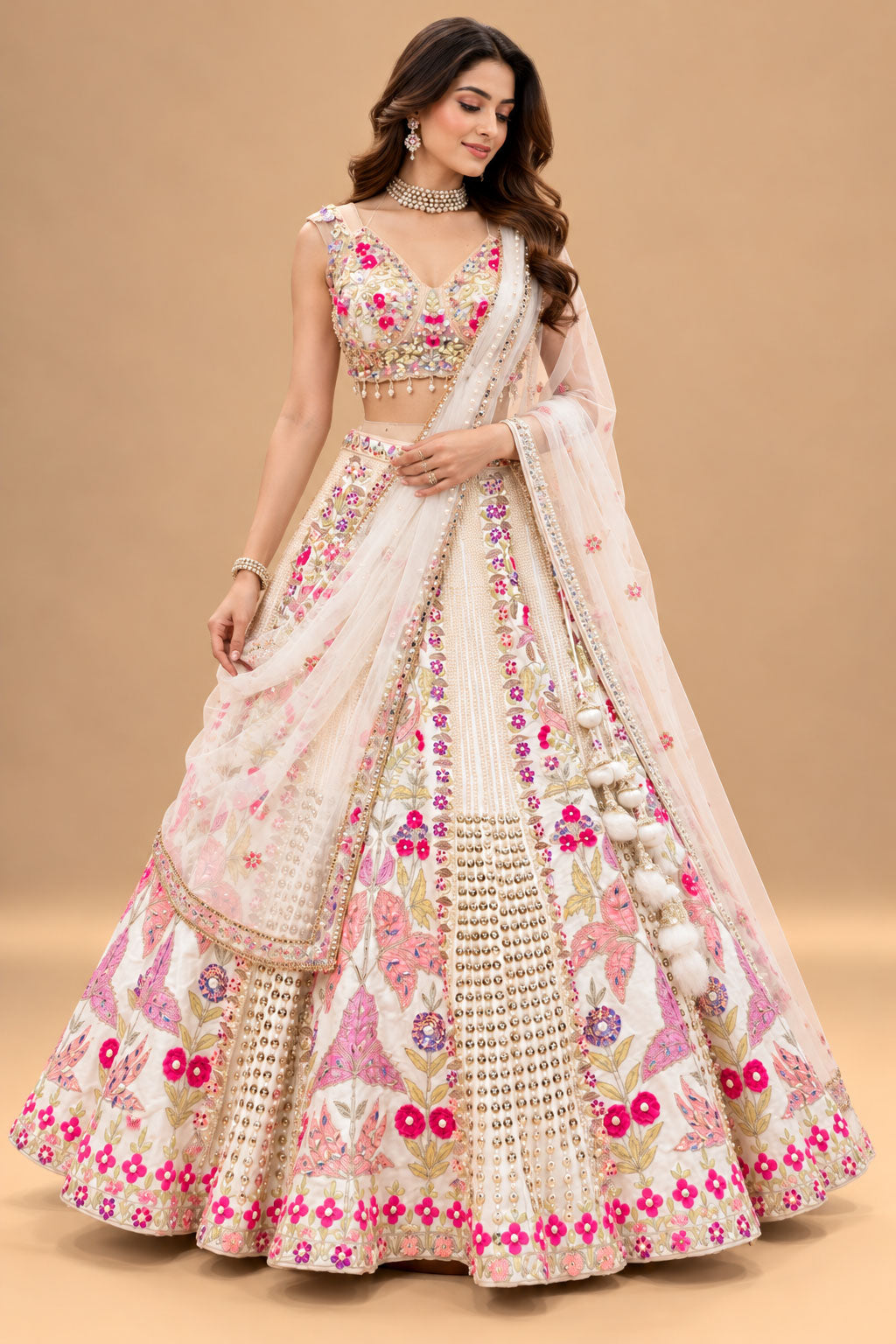 Luxury Ivory Bridal Lehenga with Multicolor Floral Embroidery and Mirror-Style Embellishments