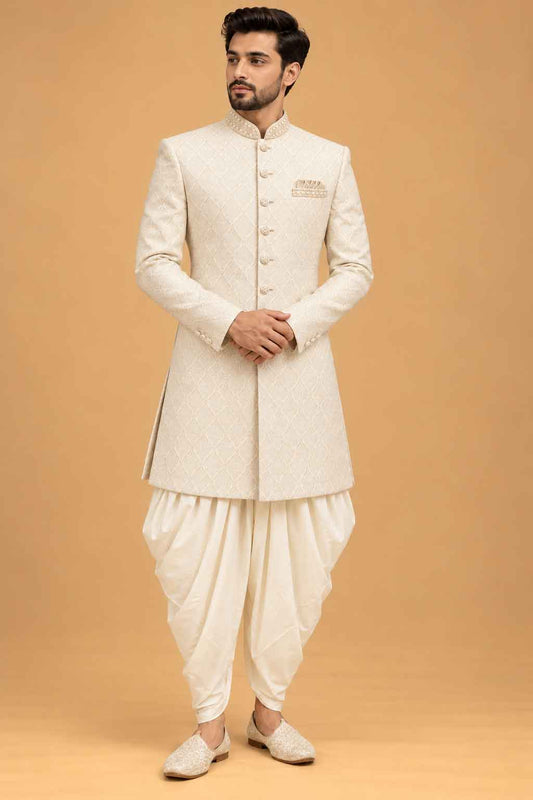 Ivory Textured Sherwani for Men with Draped Dhoti – product image 1