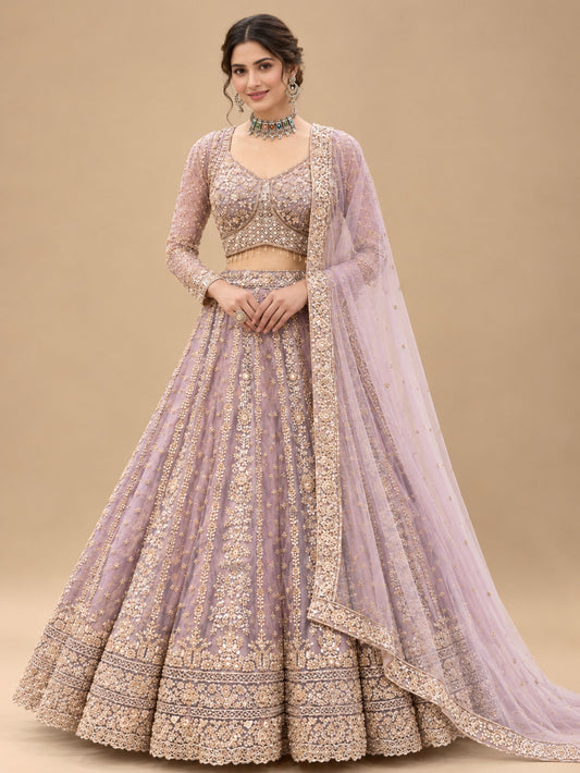 Lavender Designer Embroidered Lehenga Choli with Golden Work & Net Dupatta for Women – product view 1