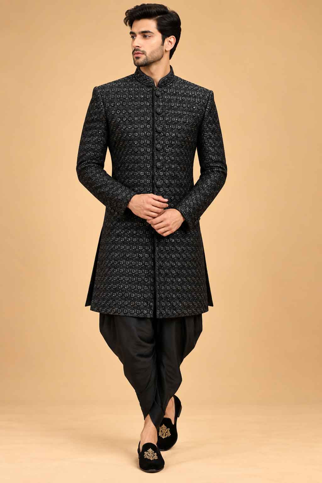 Black Textured Sherwani with Dhoti for Men – product image 1
