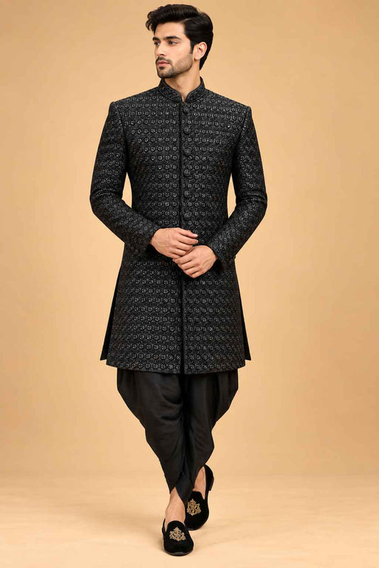 Black Textured Sherwani with Dhoti for Men – product image 1