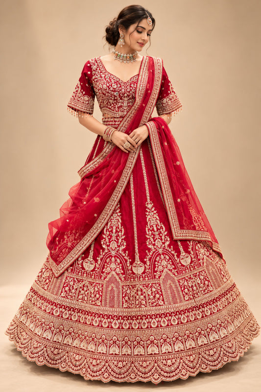 Luxury Red Bridal Lehenga with Heavy Gold Embroidery and Traditional Scalloped Border