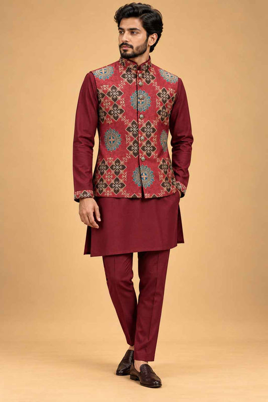 Maroon nehru jacket set for men – product view 1
