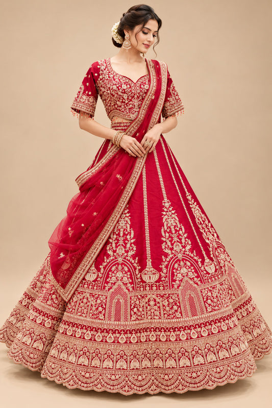 Luxury Maroon Bridal Lehenga with Intricate Gold Embroidery and Scalloped Border