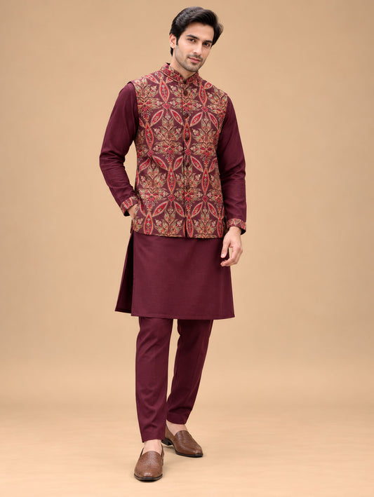 Maroon Designer Kurta Set for Men with Multicolour Embroidered Nehru Jacket – product view 1