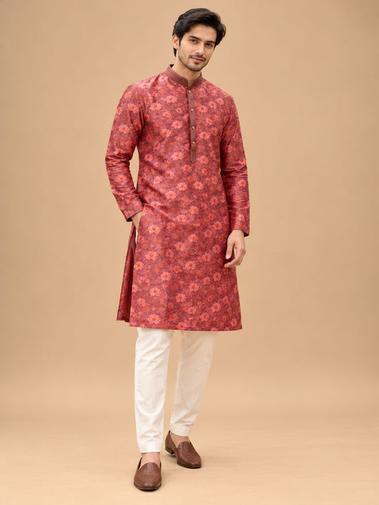 Maroon Floral Printed Designer Kurta for Men with Mandarin Collar – product view 1