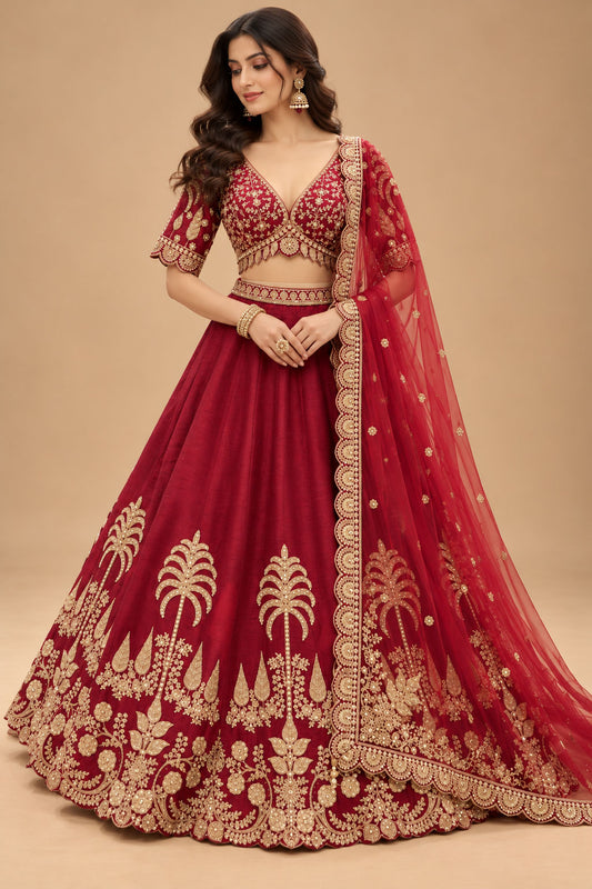 Premium Maroon Bridal Lehenga with Intricate Gold Embroidery and Dupatta for Women – product view 1