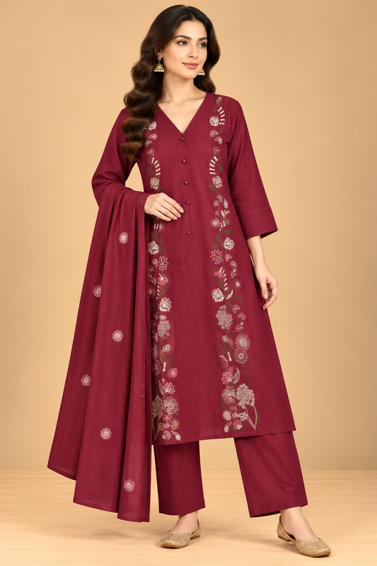 Maroon Floral Embroidered Straight Kurta Palazzo Set with Dupatta for Women