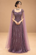 Elegant Dusty Mauve Designer Gown with Sequin Embroidery & Cape Sleeves