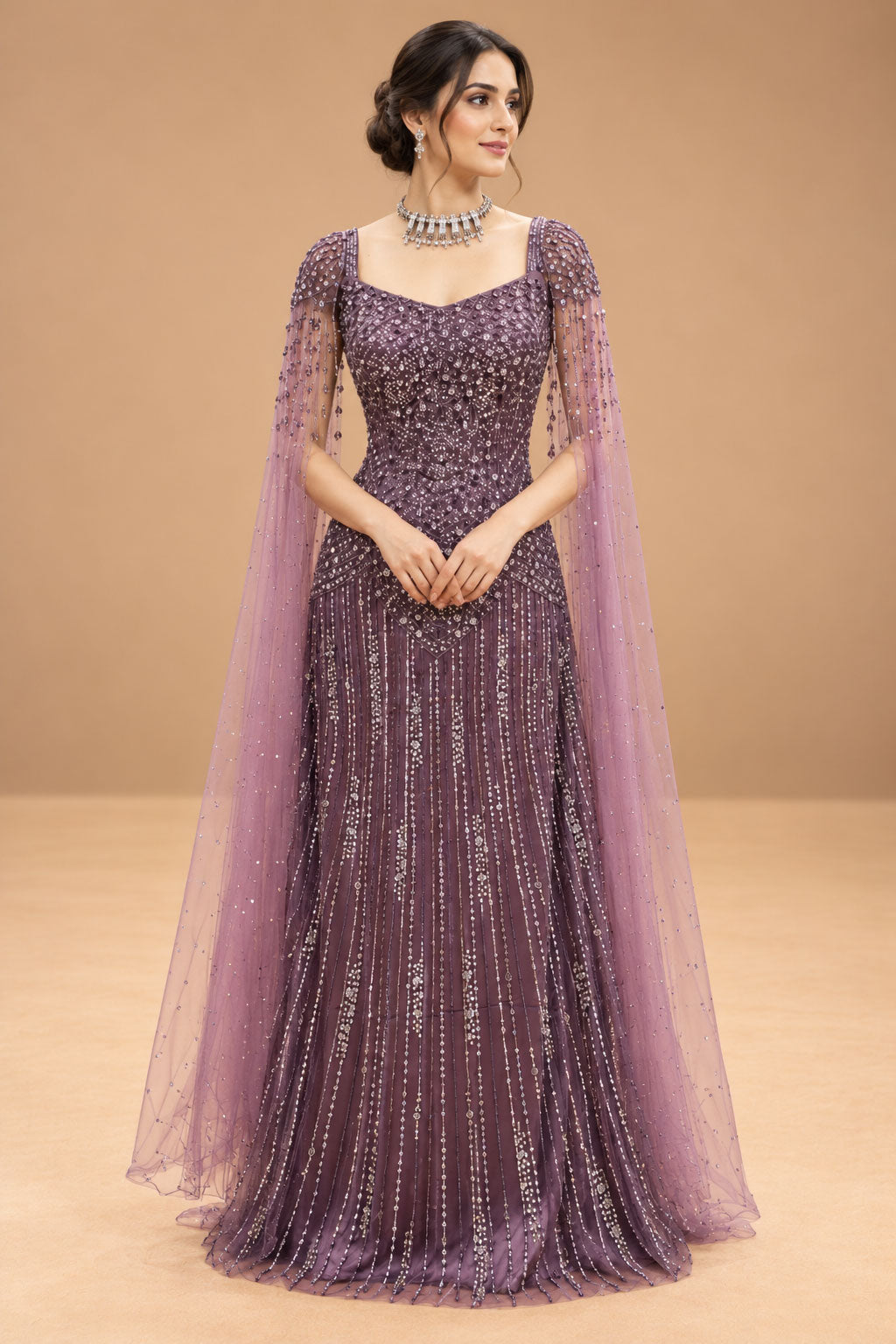 Elegant Dusty Mauve Designer Gown with Sequin Embroidery & Cape Sleeves