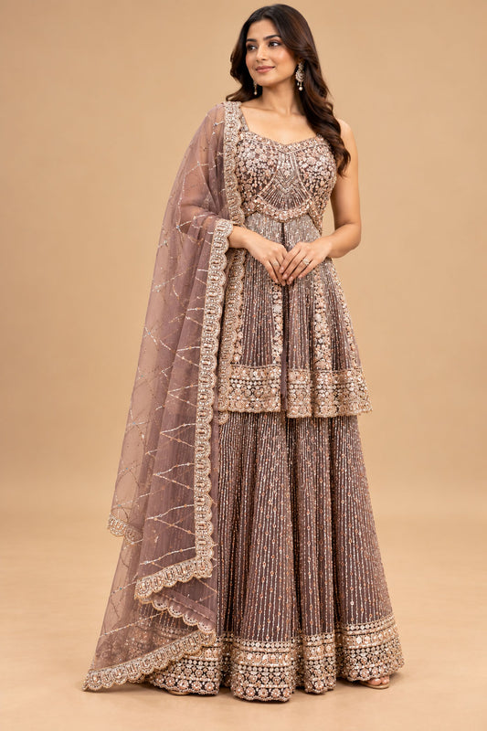 Premium Dusty Mauve Designer Sharara Set with Heavy Sequin Embroidery, Peplum Top and Net Dupatta